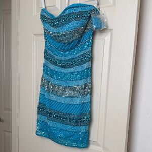 NWT Jovani Beyond Blue and Silver Sequin Strapless Dress